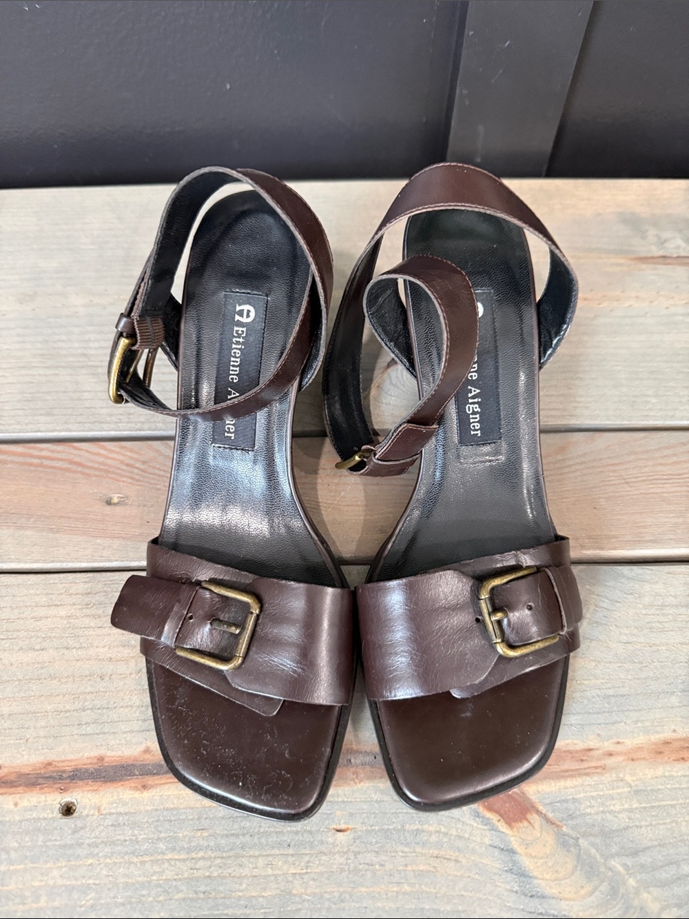 Etienne Aigner Dark Brown Leather Buckle Ankle-Strap Heels
